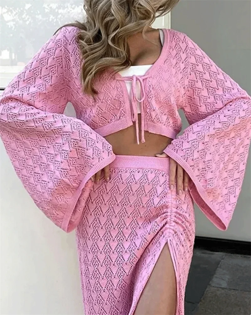 2PCS Set Women's Long Sleeve Lace Up High Slit Knitted Dress Beach Sexy Top Blouse and Skirt Wrap Crocheted Bikini Cover-Up