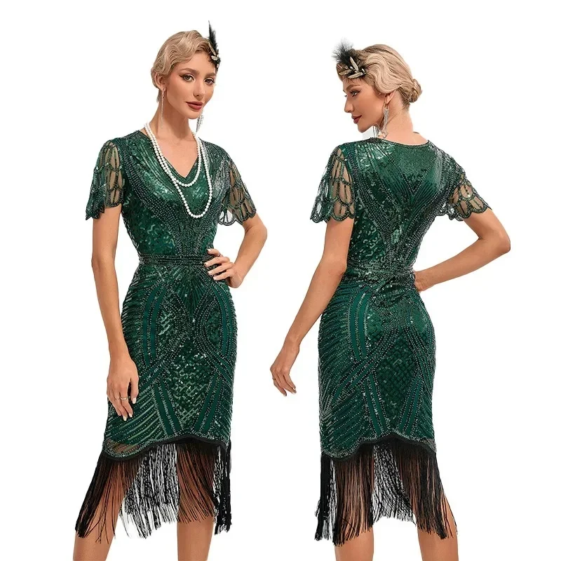 Nieuwe Sexy Dames 1920 Gatsby Flapper Jurk Met Lovertjes Art Deco Brullende Gatsby Jurk Met Korte Mouwen Vintage Flapper Jurken - afbeelding 2