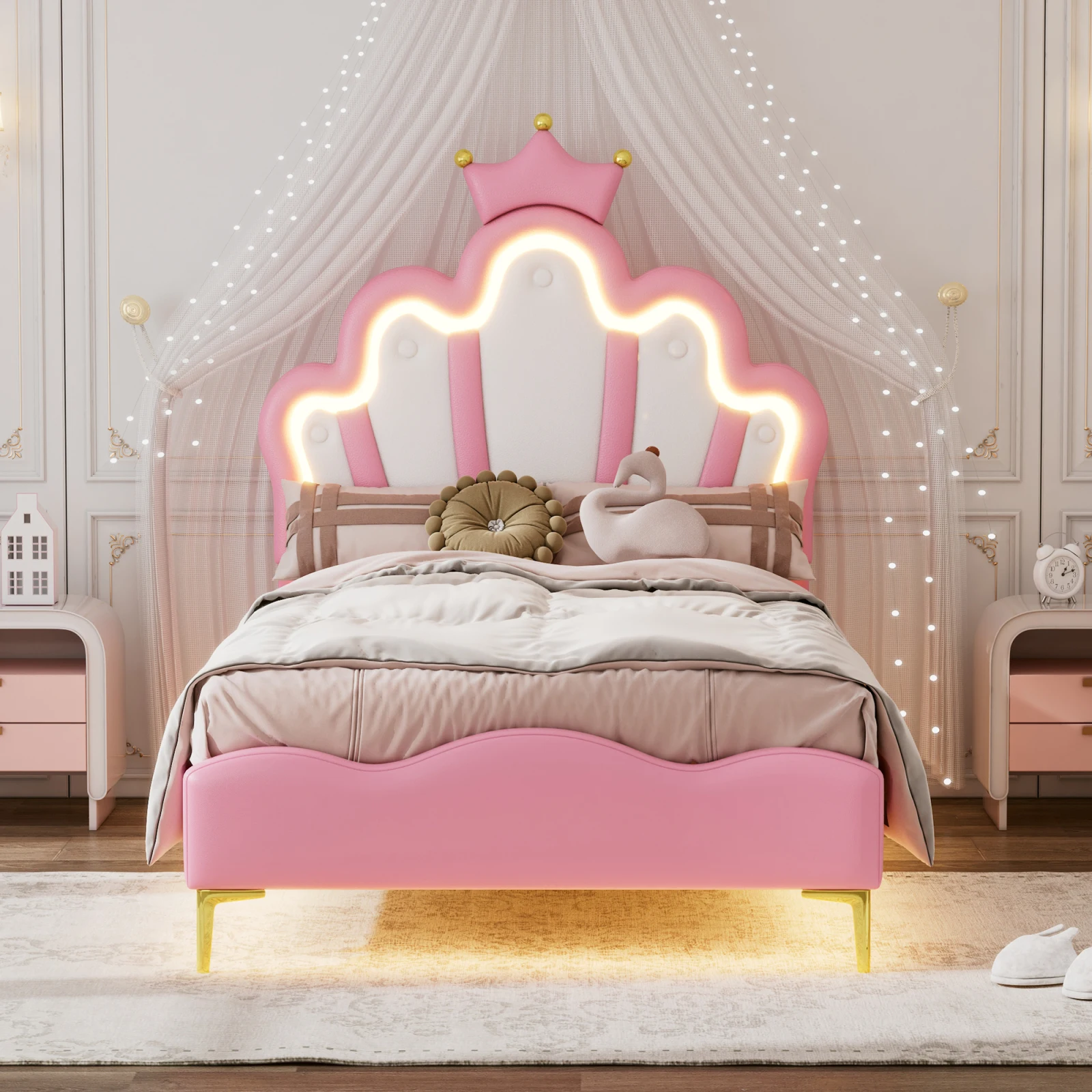 Rosahqnda Lit enfant 90 × 140 × 200 cm LED et tiroirs Lit princesse Lit couronnes Lit pétale simple double, velours PU