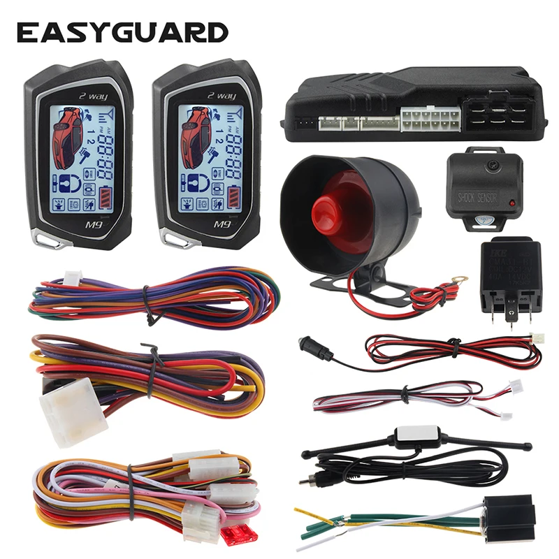 EASYGUARD EC201-M9 12V universal 2 Way Car Alarm System with LCD Pager Display Remote Starter & Vibration Warning