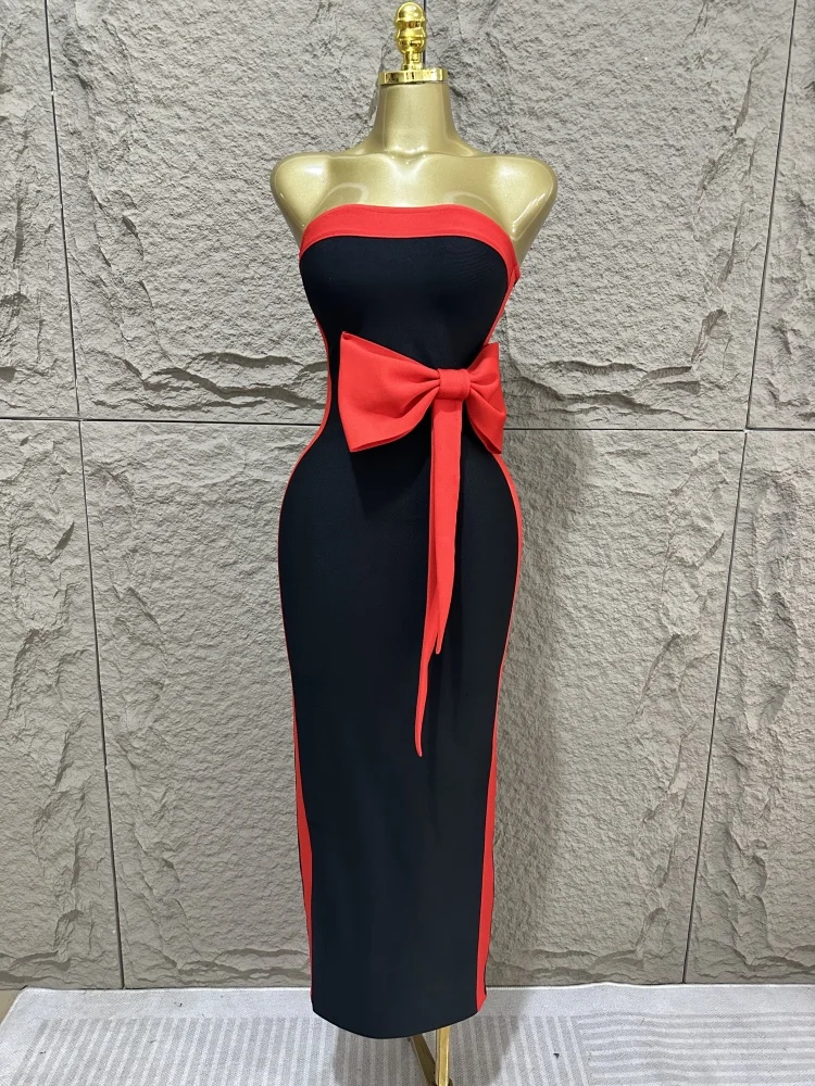 

2025 Summer New Black Sexy Bow Irregular Off Shoulder Slim Bandage Dress Elegant Fashion Evening Party Dress