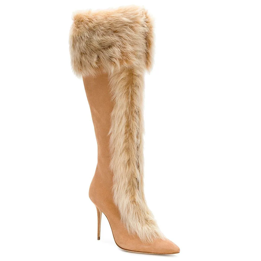 

Fur Nude High Heel Women Boots Winter Keep Warm Suede Lining Knee High Boots Pointed Stiletto Heel Boots Fashion Large Size Boot