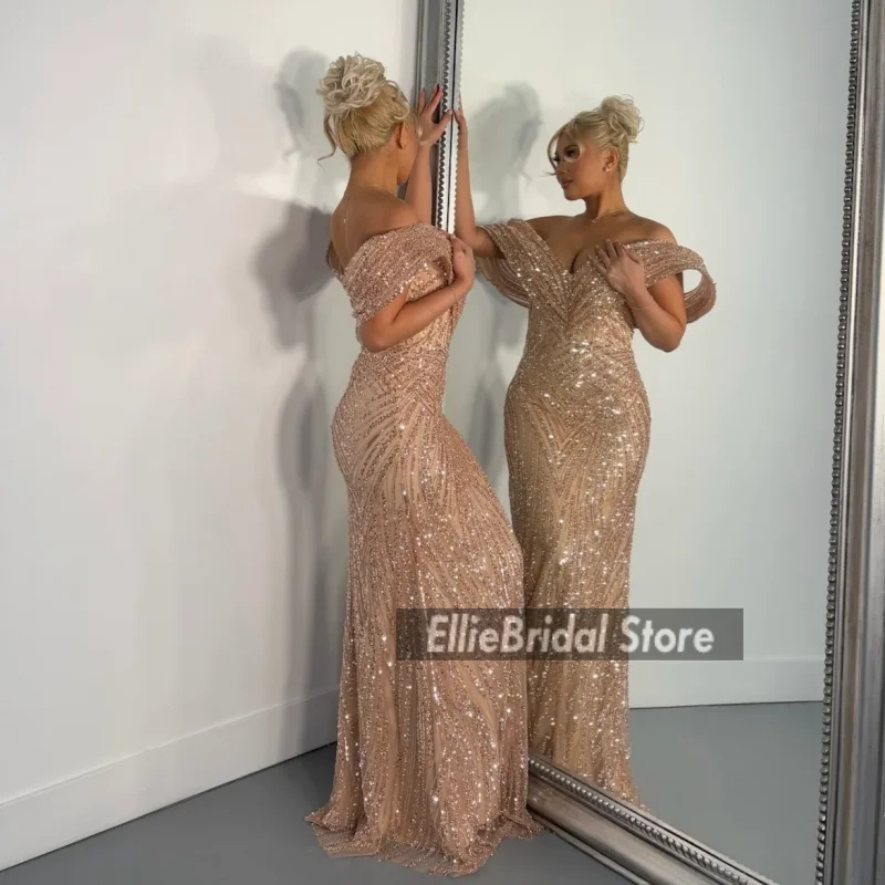 فساتين سهرة لامعة باللون الذهبي الوردي قبالة الكتف ورقبة على شكل V لحفلات الزفاف للنساء فستان حفلة موسيقية أفريقي 2025 مخصص