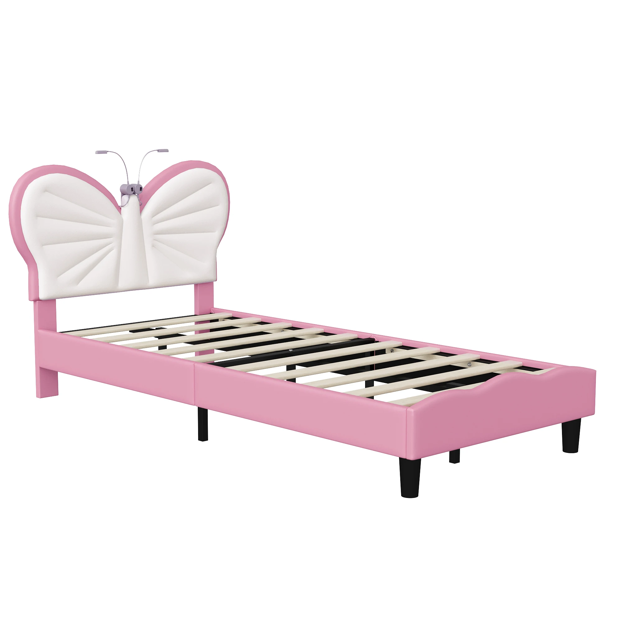Gestoffeerd bed 90x200cm, kinderbed met ledverlichting, gestoffeerd eenpersoonsbed met houten lattenbodem, bedframe voor meisjes, meisjesbedden met verstelbaar hoofdeinde, jeugdbed, roze/blauw - afbeelding 2