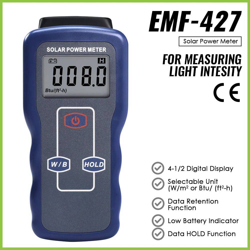 Digital Solar Power Meter Light Meter Sunlight Energy Radiation Tester Light Intensity Data Hold Function Large LCD Display