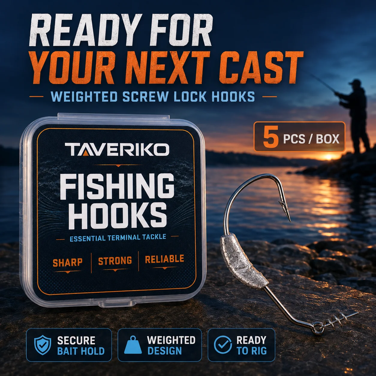 TAVERIKO Weighted Screw Lock Fishing Hooks, Wide Gap Weighted Hooks for Soft Plastic Lures, Bass Fishing Tackle, 5PCS/Box