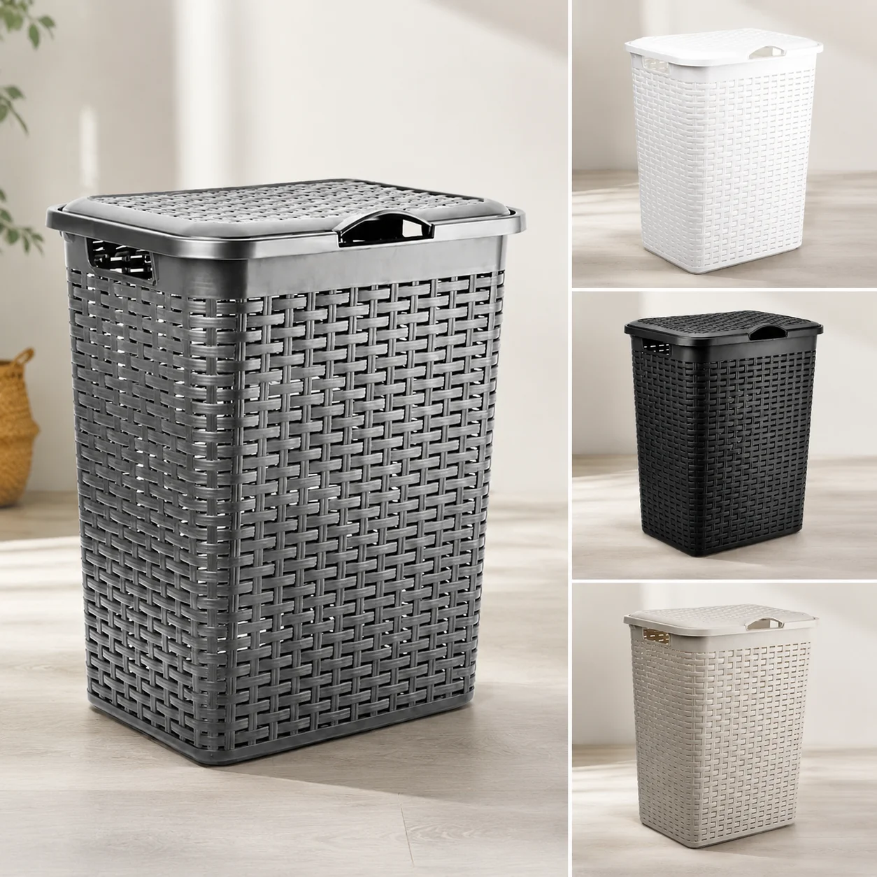 Panier à linge en plastique imitation rotin blanc de 38 litres avec couvercle et poignées respirantes pour salle de bain, chambre, appartement, jouets, literie