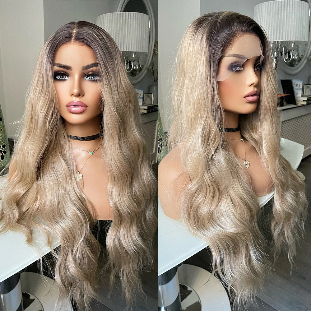 Ash Blonde Ombre Lace Wig Dark Brown Roots Synthetic Lace Front Wig For Alopecia Hair Loss Women Gift Daily Heat Resistant