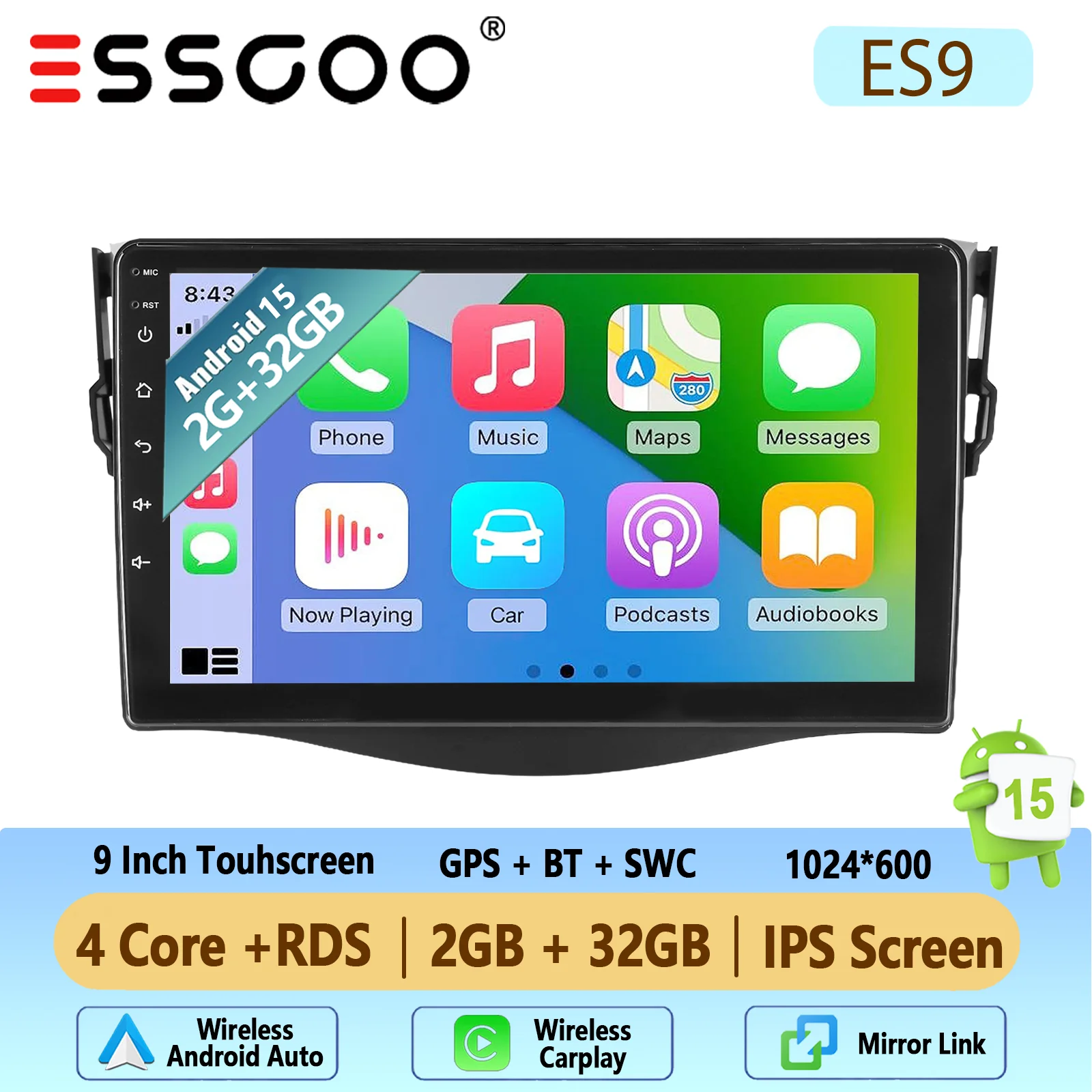 Autoradio ESSGOO Android 15 9 Inch 4+64G voor Toyota RAV4 2007-2012 Draadloze CarPlay Android Auto GPS Navigatie FM WiFi Bluetooth RDS Stuurwielbediening Mirror Link Touchscreen Hoofdeenheid - afbeelding 1