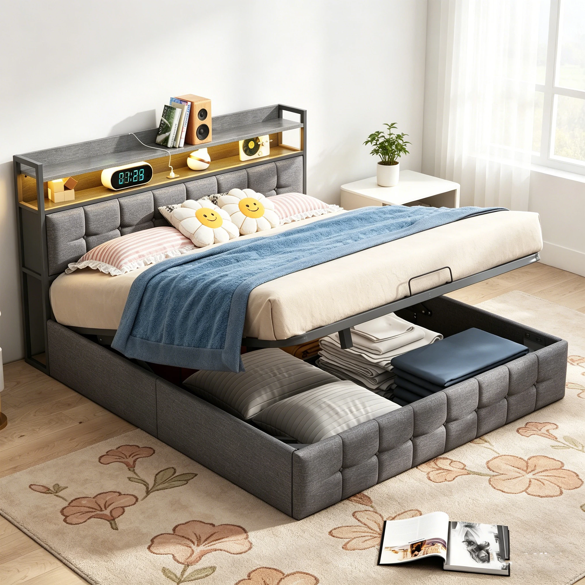Cama Tapizada Superaly de 140x190cm con Luz LED y USB, Cama con Almacenamiento Hidráulico, Cama Doble con Estructura de Listones, Lino, Gris