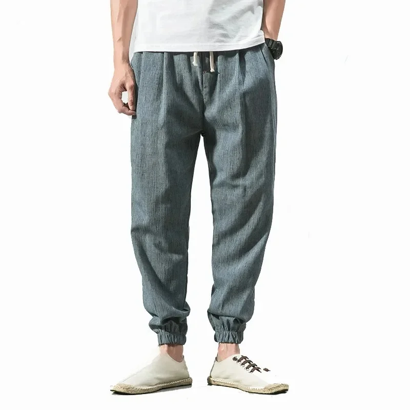 Pantalon de survêtement en coton et lin pour hommes, style japonais, streetwear rétro, jogging décontracté, sarouel respirant, fjMen, été 2020