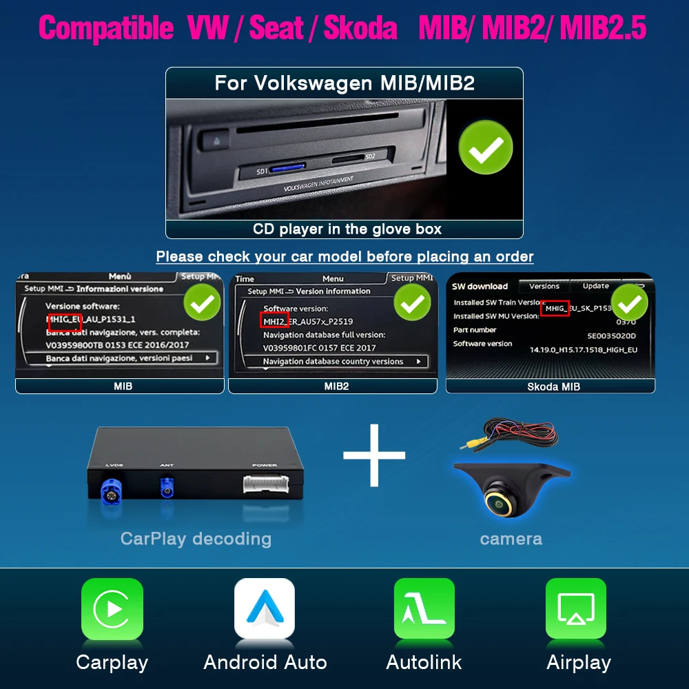 AUTOTOP Draadloze Carplay Android Auto voor VW Volkswagen Golf 7 Seat Skoda mib mib2 Multimedia Ondersteuning Mirror Link AirPlay Camera