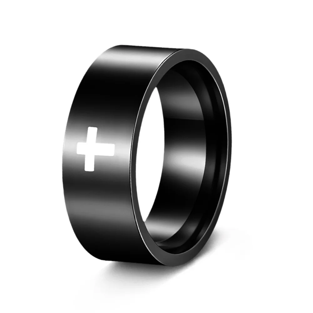 Christlicher Kreuzring für Männer, breiter schwarzer Schmuckring, religiöser Ring in Gold- oder Silberfarbe, polierter Symbol-Statement-Ring – Detail 4