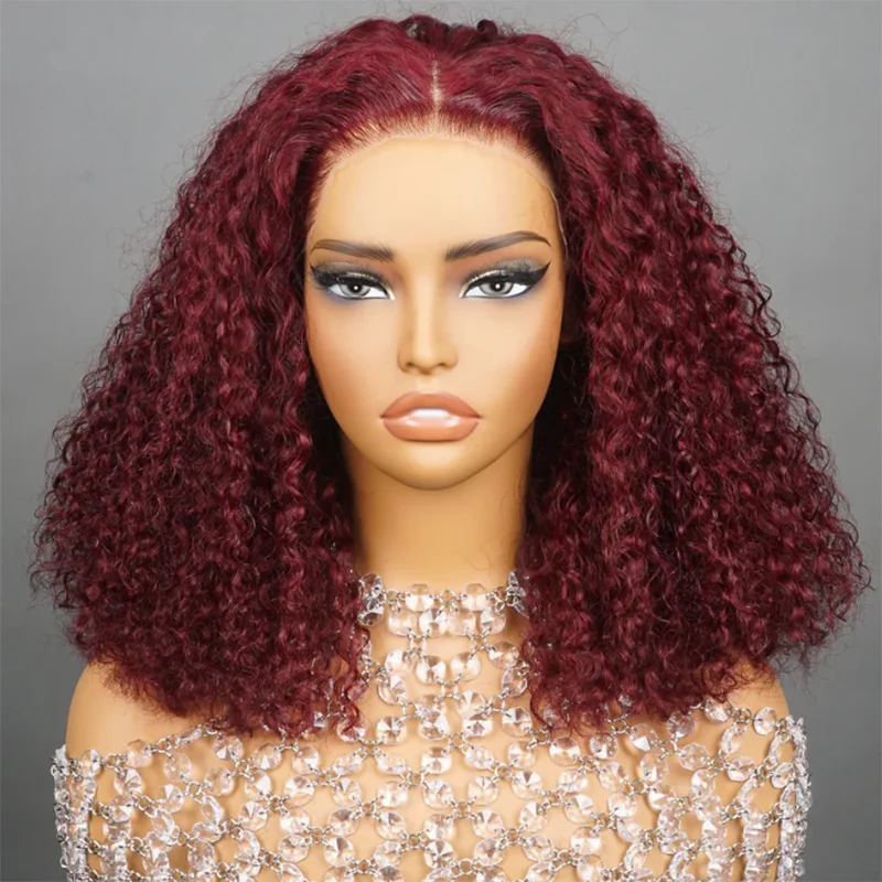

13x4 Burgundy 99J Colored Deep Wave Water Wave Bob Wig Human Hair 200% Density Short Bob Lace Front Human Hair Wigs For Women