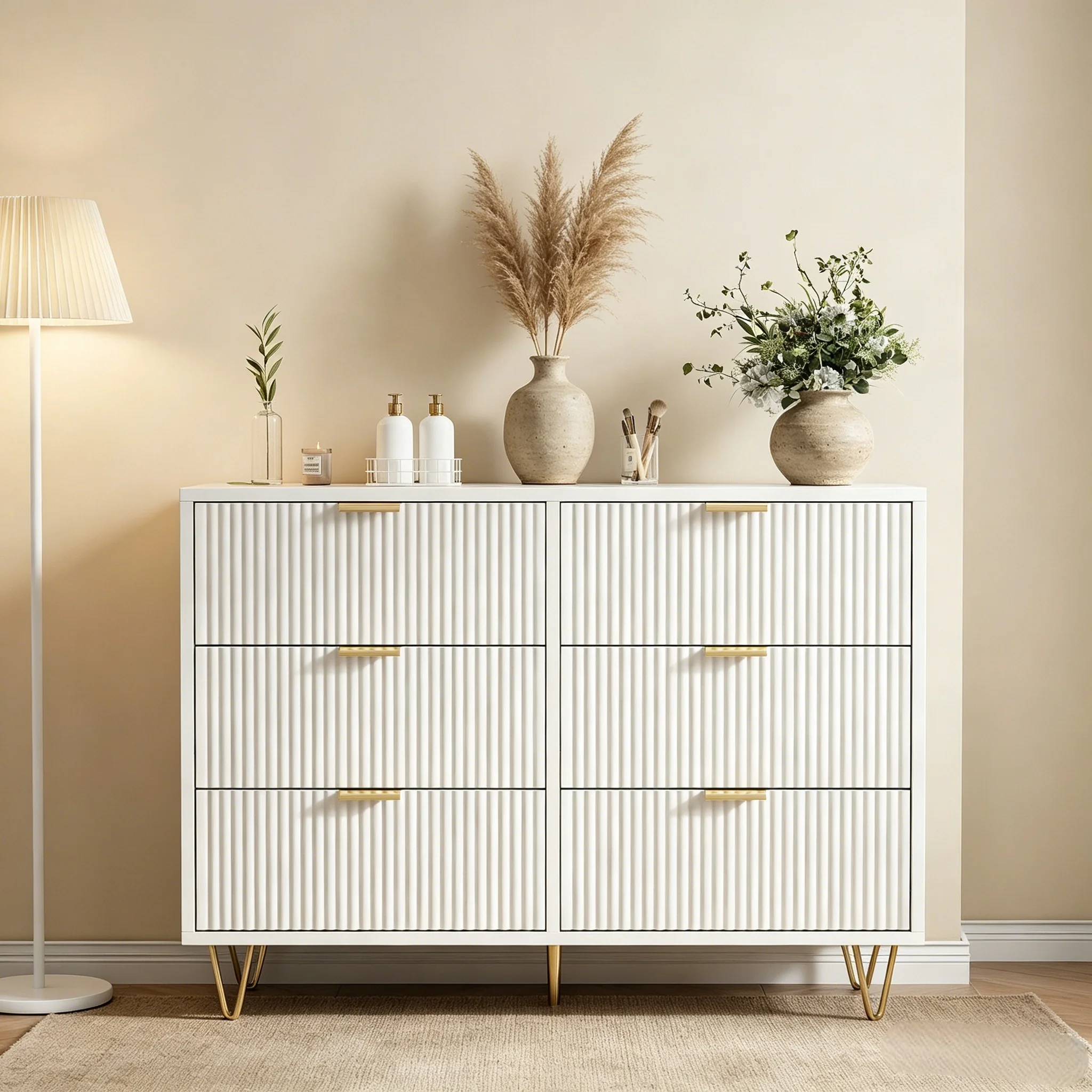 Kommode mit sechs Schubladen und Wellenmuster, Aufbewahrungsschrank, Sideboard, goldene Beine und Griffe, weiß, geeignet für Schlafzimmer, Wohnzimmer, Flure, Maße: 100 x 34 x 73 cm