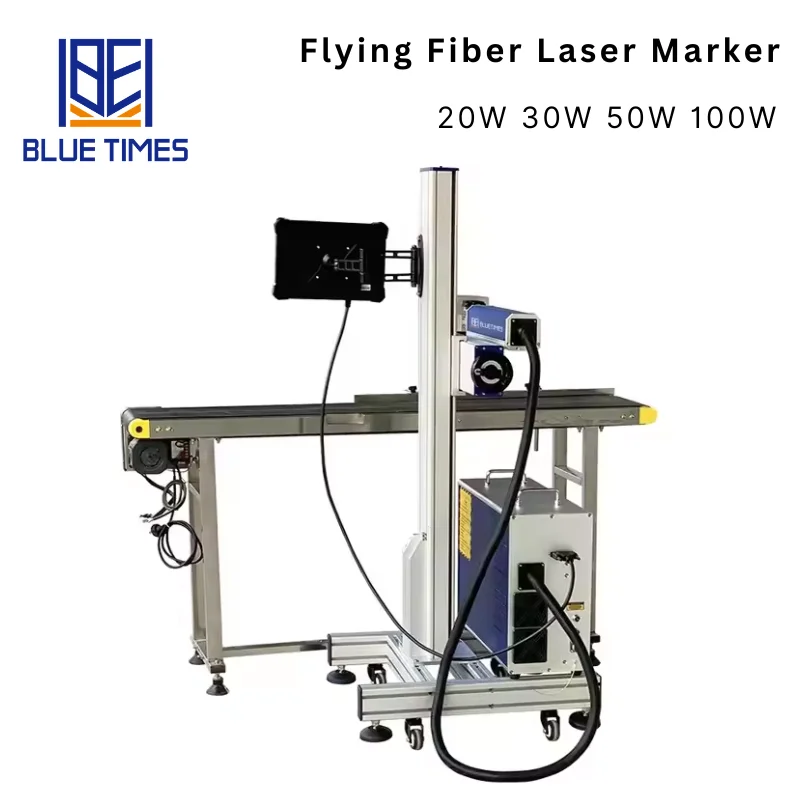 Bluetimes Flying Fiber Laser Marking Machine New Condition Automatic Jpt 50W 100W 30W 20W AI DXF DST PLT BMP Gantry Type Metal
