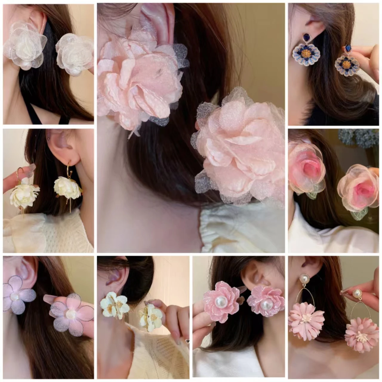 

New Sweet Floral Handmade Earrings Ideal For Bride Holiday Party Or Beach Vacation Features Exaggerated Fabric Flowers And Tulle