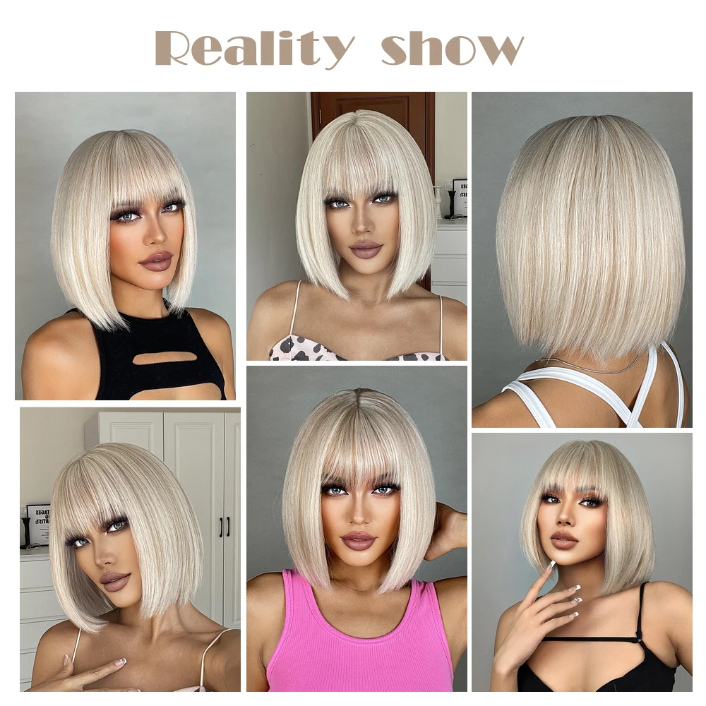 EASIHAIR syntetyczne Bob peruki z Bang krótkie proste jasny blond beżowy naturalne włosy peruki dla kobiet codziennie Cosplay żaroodporne