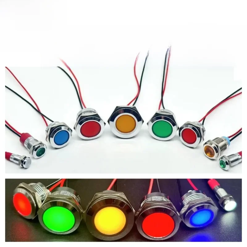 Indicateur lumineux LED en métal, 6/8/10/12/16/19/22MM, étanche, avec fil 3V 5V6V12V 24V 220V, rouge/jaune/bleu/vert/blanc