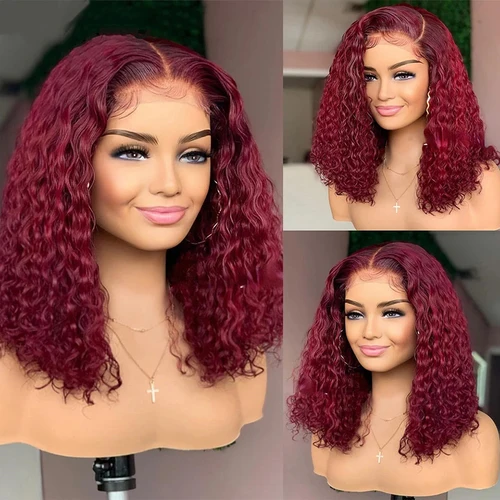 Imagen 2 del producto Peluca Frontal de encaje HD 13X4 de 220 de densidad 99J pelucas de cabello humano Bob corto rizado profundo Borgoña peluca roja Bob peluca de Color de 16 pulgadas prearrancada
