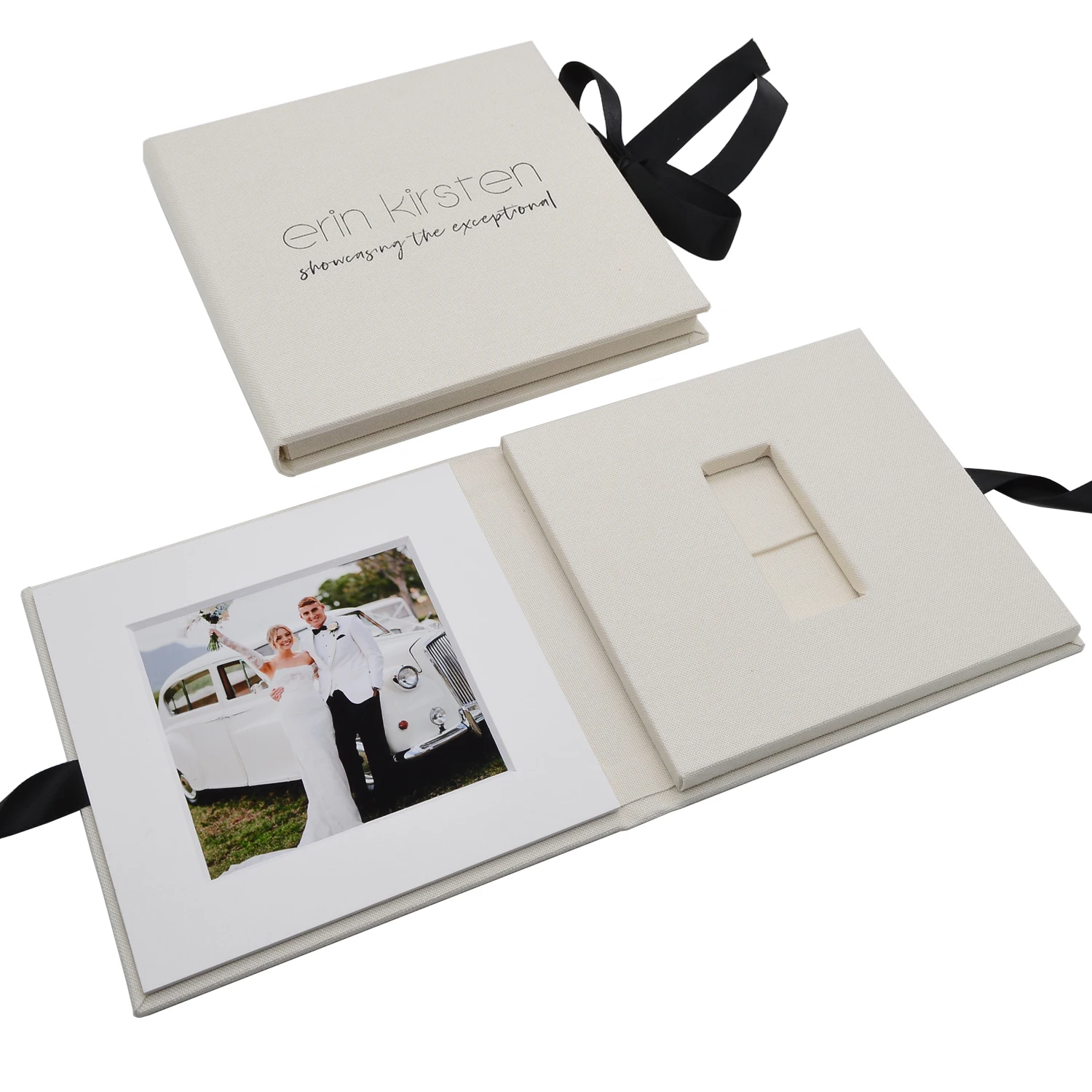 Off- white Linen USB boxes with photo frame - Personalized Flash Drive Case - Newborn/Wedding  Photography Packaging