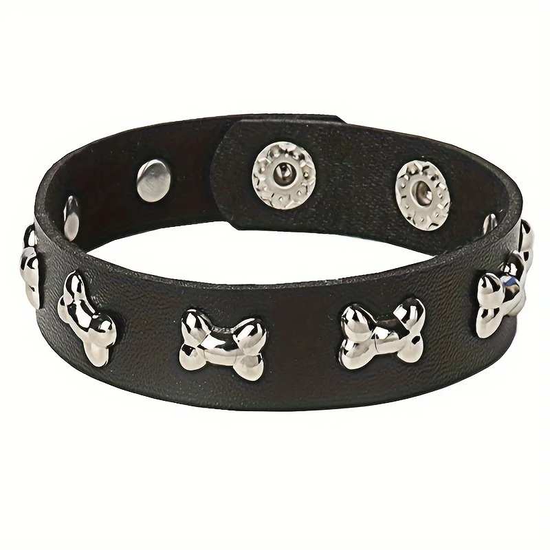 Punk-Inspired Black PU Leather Bracelet with Dog Bone Charms - Perfect for Everyday Wear and Halloween Parties