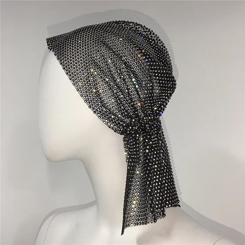 Luxe Strass Visnet Korte Hijab Hoofddoek Nacht Club Feest Rave Glanzende Diamant Vrouw Y 2K Mode Hoofdband Tulband Hoofddoek