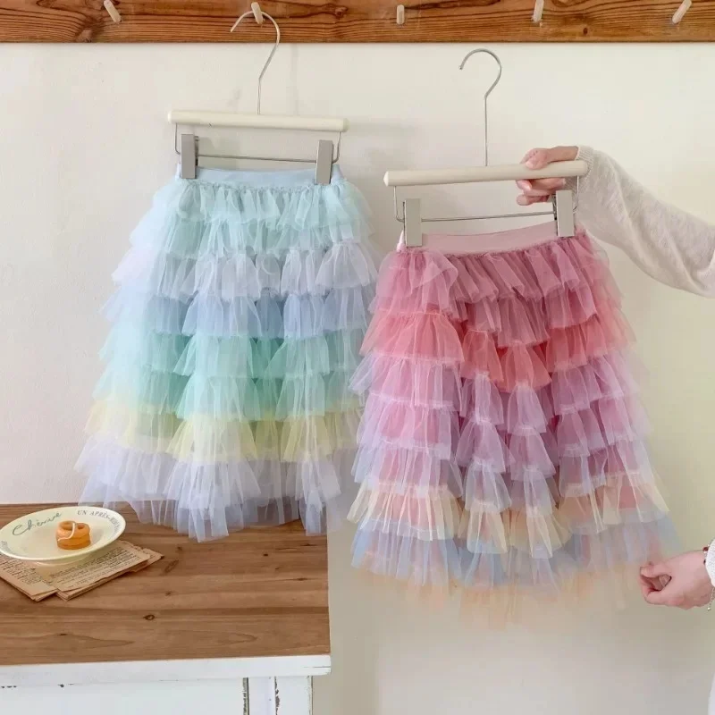 Groothandel Mesh Regenboog Gelaagde Jurk Prinses Baljurk Lieve Rok Kleine Meisjes Tutu Rokken Ballet Dans Kids Party Dagelijkse Rok - afbeelding 2