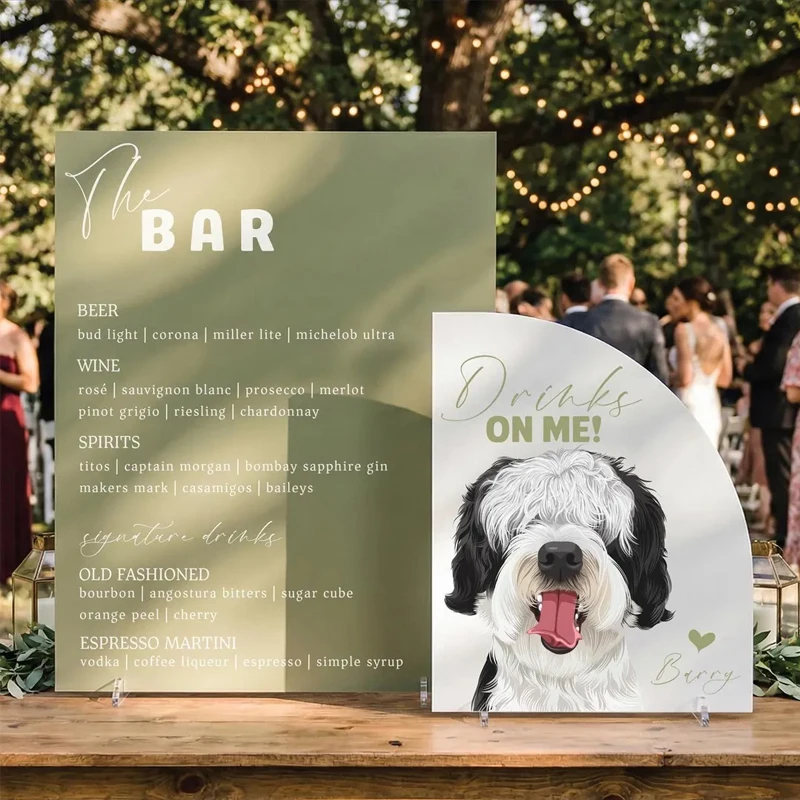 Panneau de bar personnalisé pour mariage sur le thème des chiens, menu de boissons signature, décoration de table de mariage, panneau de bar