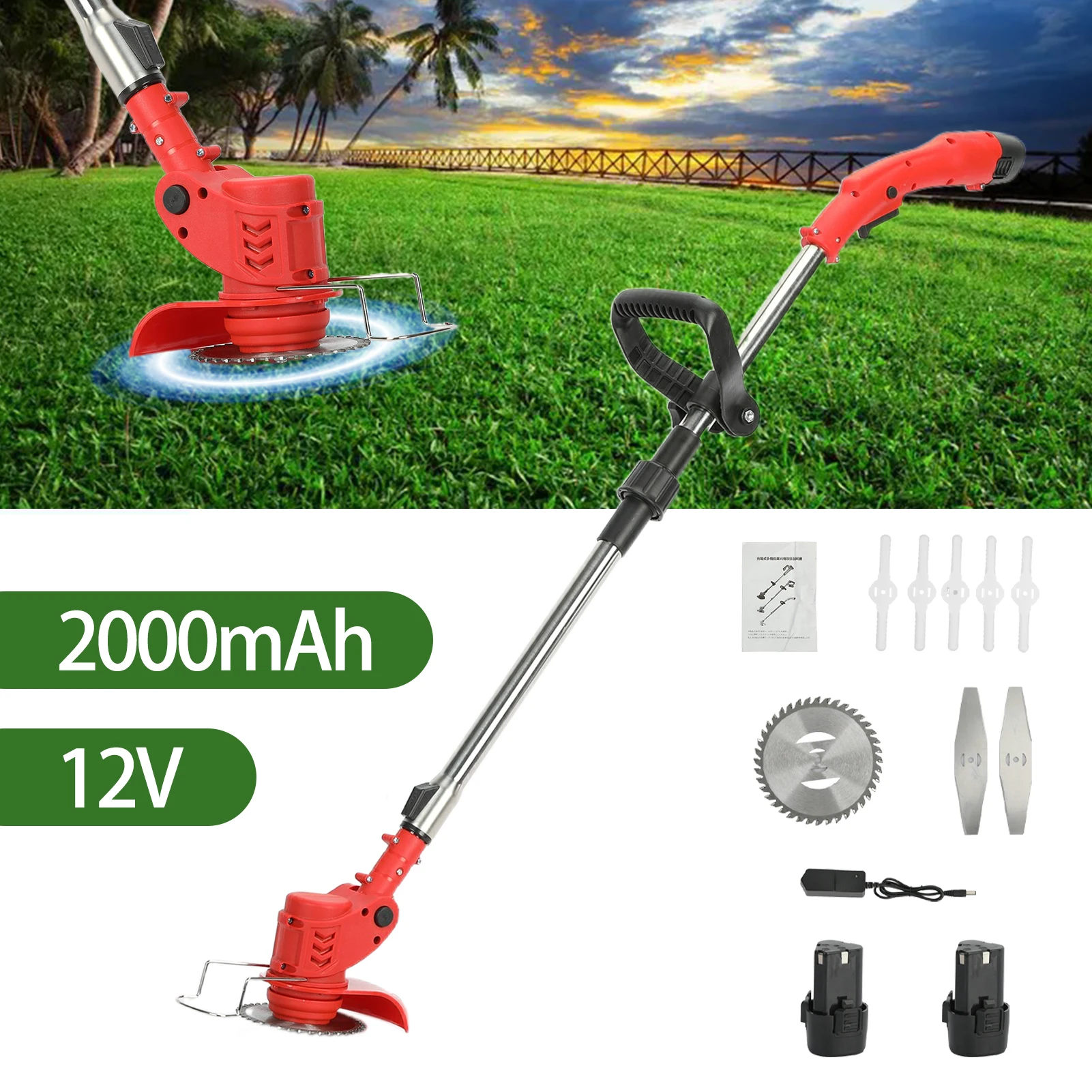 12V 2000mAh 2Batteries 1Charger Lawn Mower Telescopic Rod Anti-slip Handle Weed Trimmer Cordless Electric Weed Lawn Eater Edger