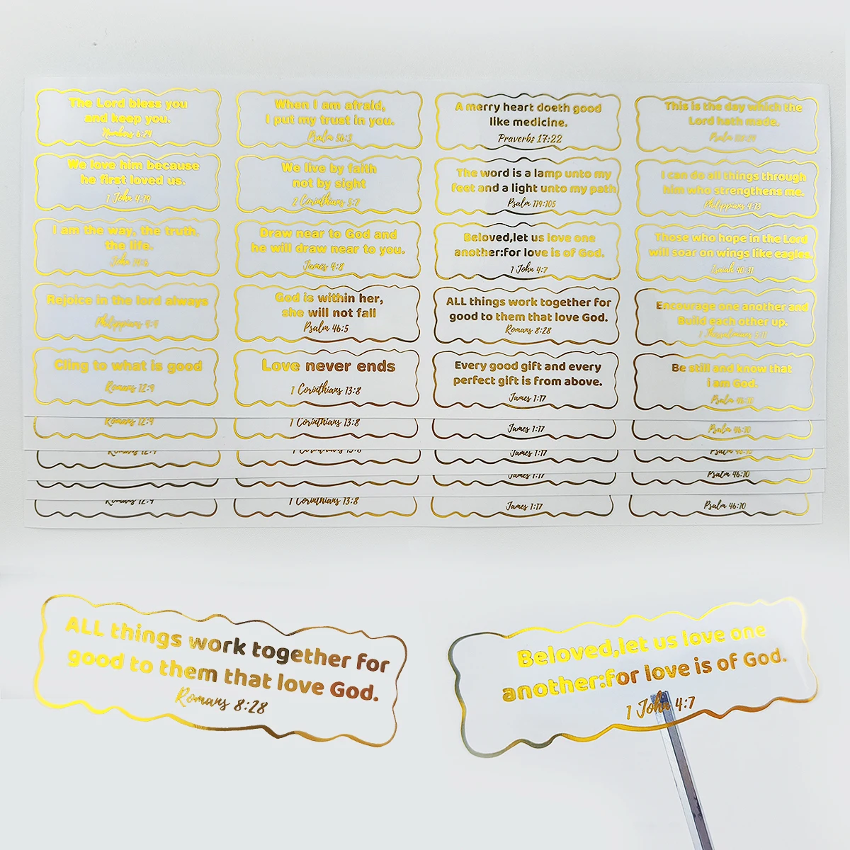 200 Pcs Metallic Foil Scripture Stickers – Inspirational Gold Lettering for Faith-Based Crafts & Packaging