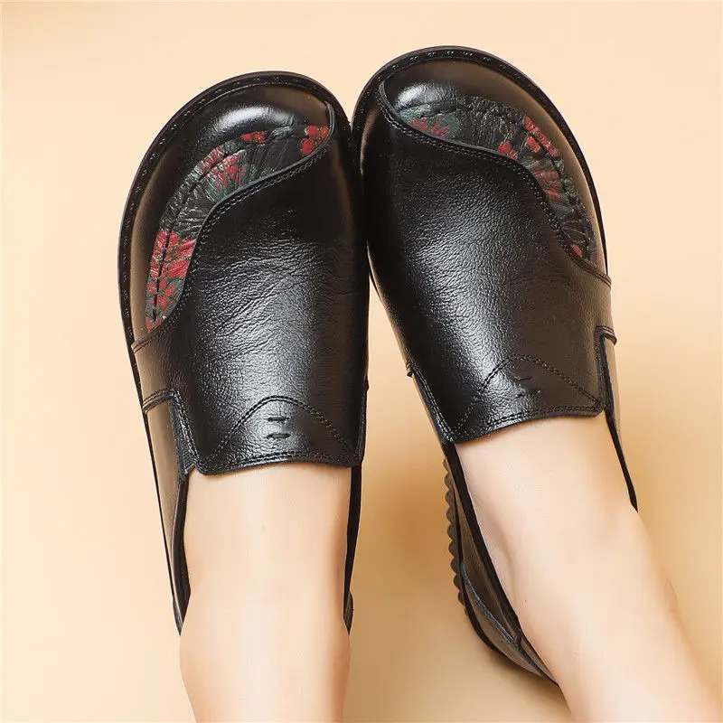 Luxury Comfortable Walk Shoes Women\'s Loafers Ballet Flats Elderly Woman Real Leather Moccasins Mom Vintage Shoes Without Heels