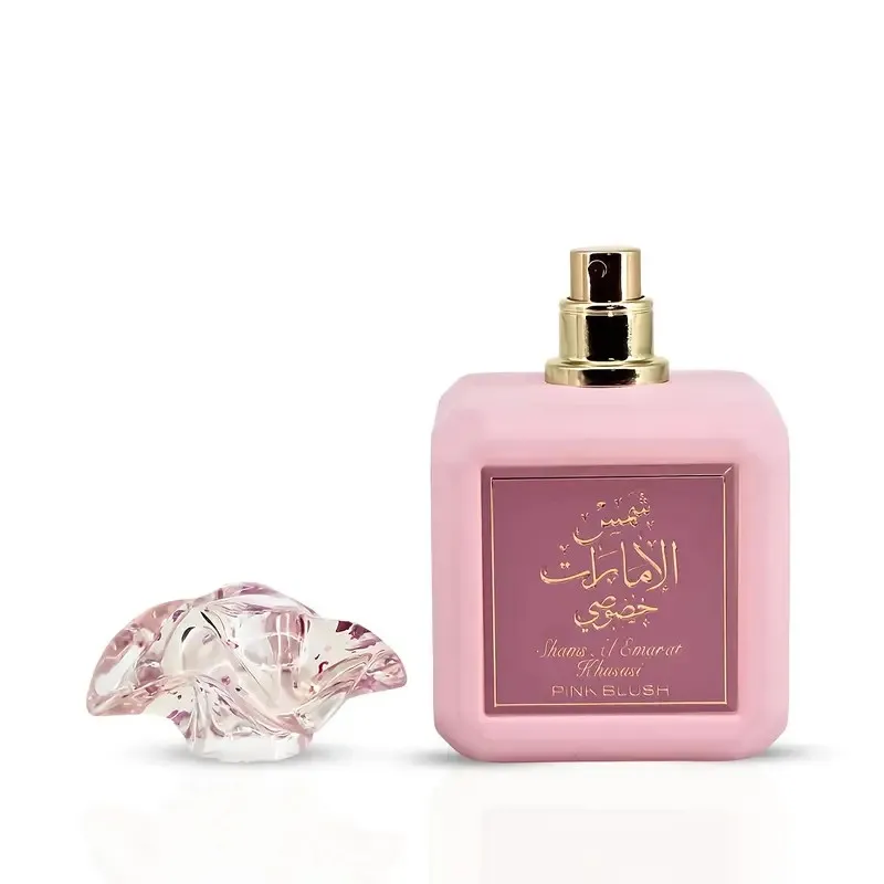 

Ard al Zaafaran Pink Blush Shams Al Emarat Khususi， Cotton candy powder blusher women's perfume, light essence -100ml (3.4oz) romantic and sweet Arabian perfume - charming fragrance, pink bottle packaging
