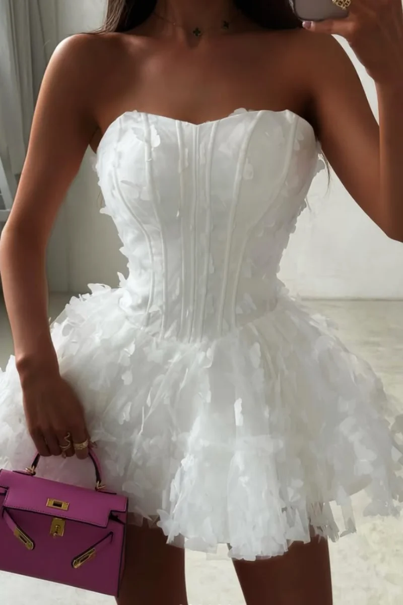 เจสสิก้าหวานชุดราตรีสีขาว Fishbone Tulle ดอกไม้พรหมชุดสุภาพสตรี Elegant Off-ไหล่ชุดมินิสั้น