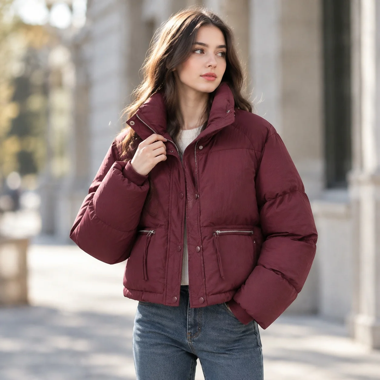 Stand Collar Thick Coat Short Length Casual Style with Straight Fit Cropped Spring Long Sleeves Women Long Sleeve Puffer Jacket