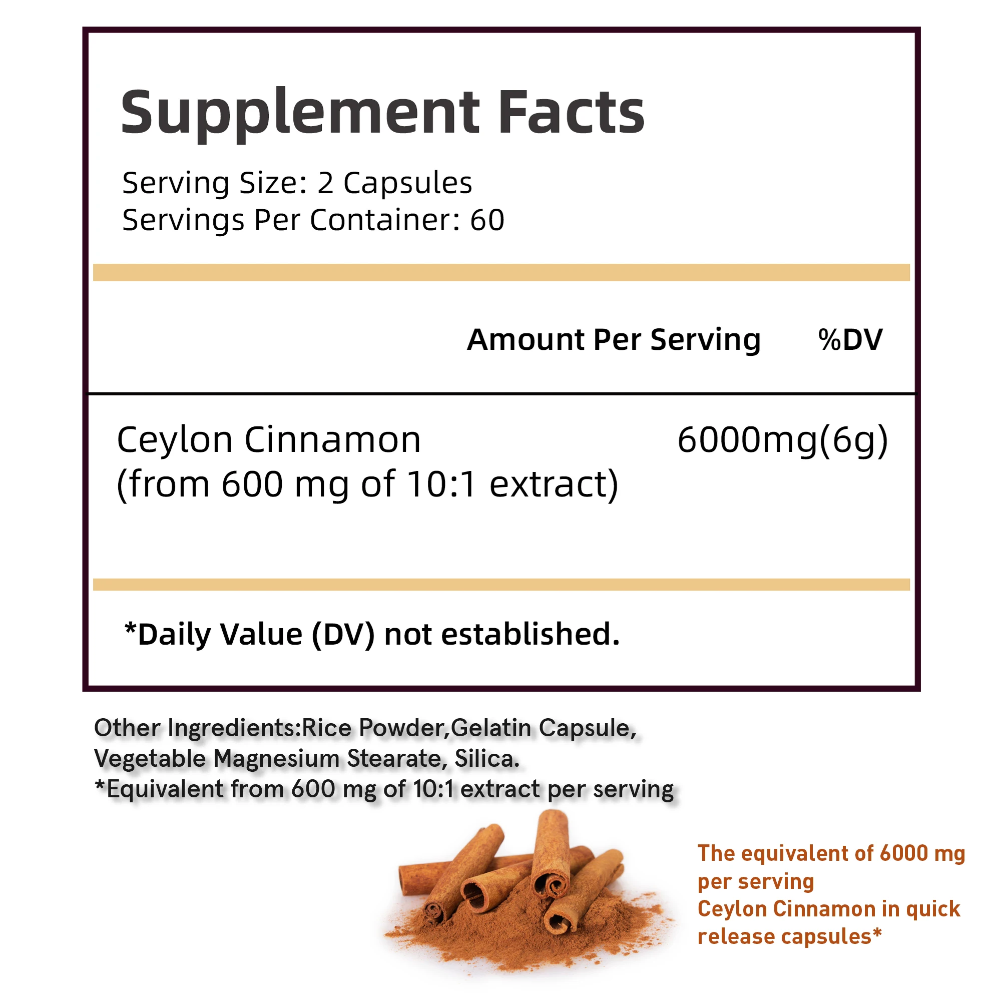 Ceylon Cinnamon 6000mg - Helps with Energy Metabolism, Supports Cardiovascular & Gastrointestinal Function - 120 Capsules