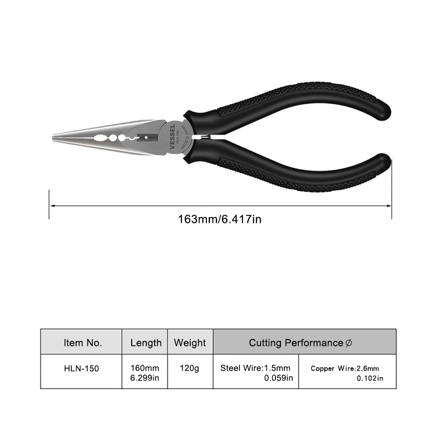 VESSEL HLN-150 5 in 1 Precision Long Needle Nose Plier Wire Stripper for Cutting Clamping Bending Stripping Electrician Tool