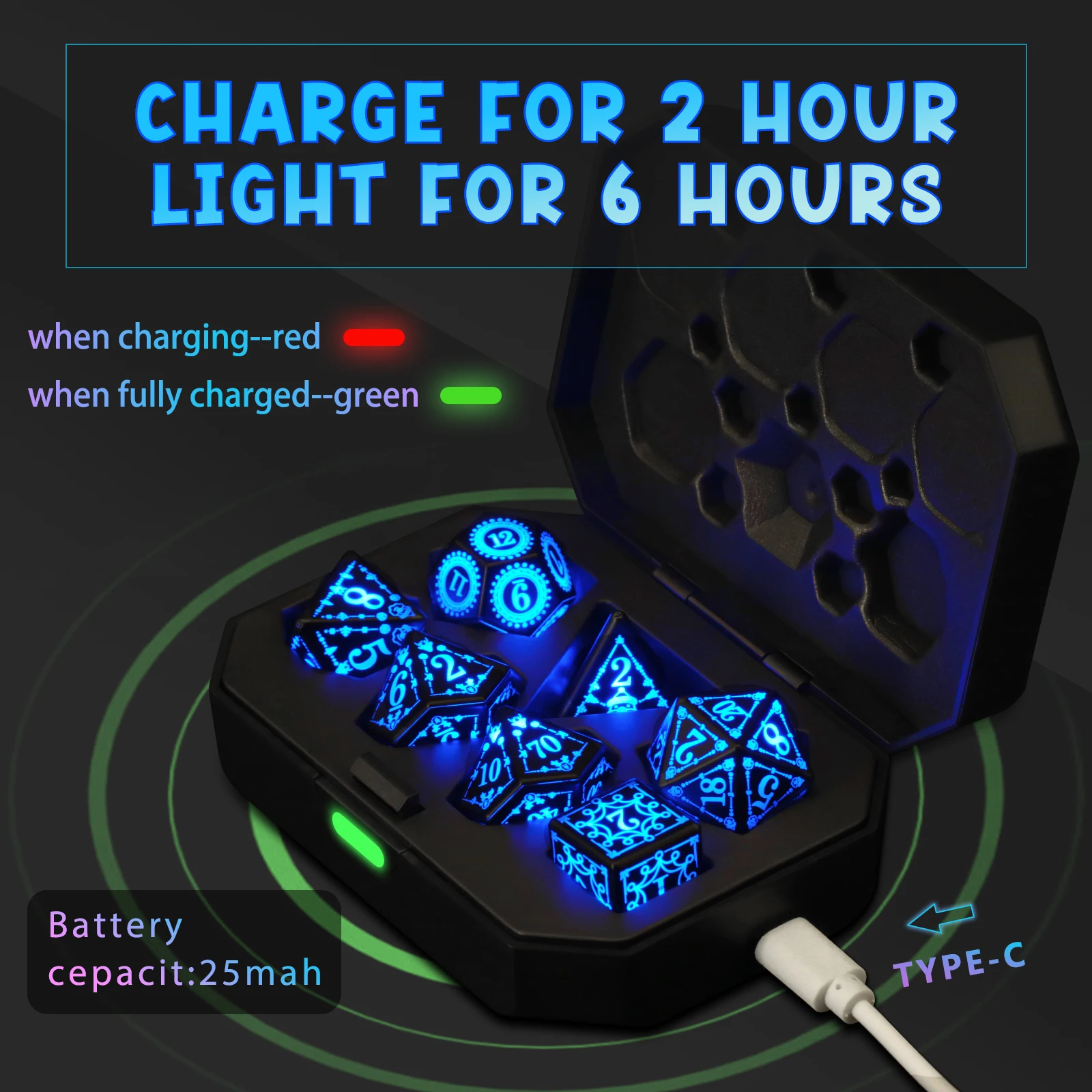 LED Dice Rechargeable with Charging Box Electronic Dice Set for Rpg Role Playing Tabletop Games D&D Dice