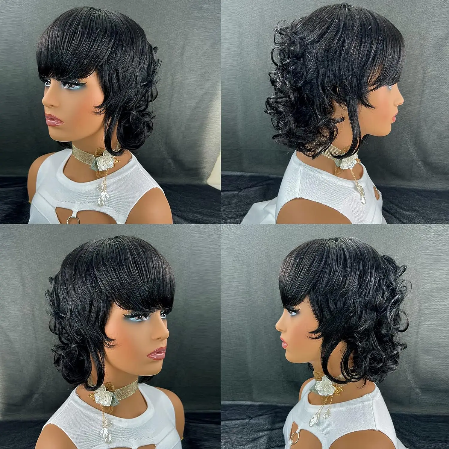 Short Pixie Wigs for Black Women Short Black Curly Pixie Wigs Synthetic Hair Wigs for Black Women Natural Wavy Black Pixie Cut W