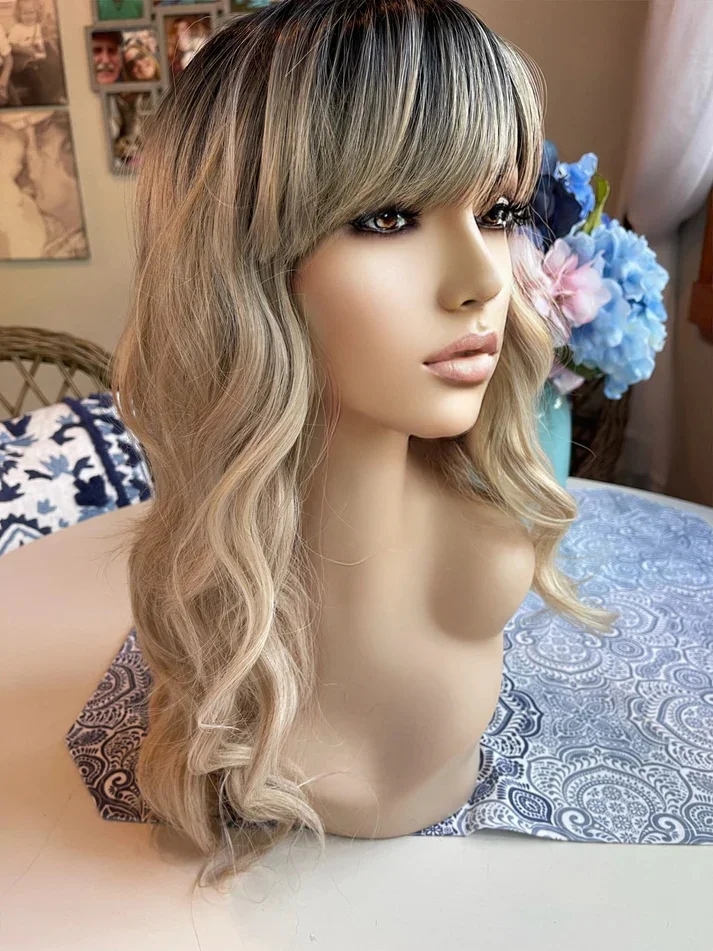 Full Bangs Wig Long Rooted Blonde Balayage Wig Highlights Fringe Wig Heat Resistant Fiber HD Lace Front Wig for Women Daily Life