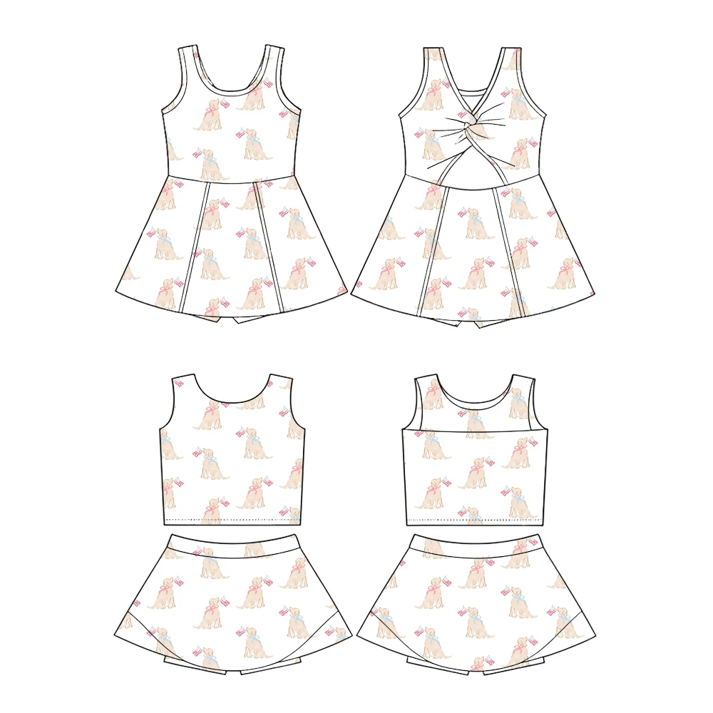 Summer girl clothing July 4th Puppy Print Halter Dress Girls sleeveless Short Skirt Shorts lining Set Boutique Children's set