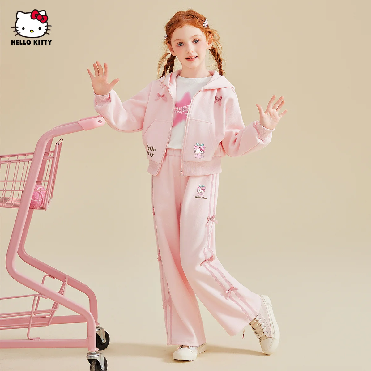 

[Genuine License] 2-piece set Sanrio for hello kitty girls' spring and autumn sports style set sweet pink bowknot set novel desi