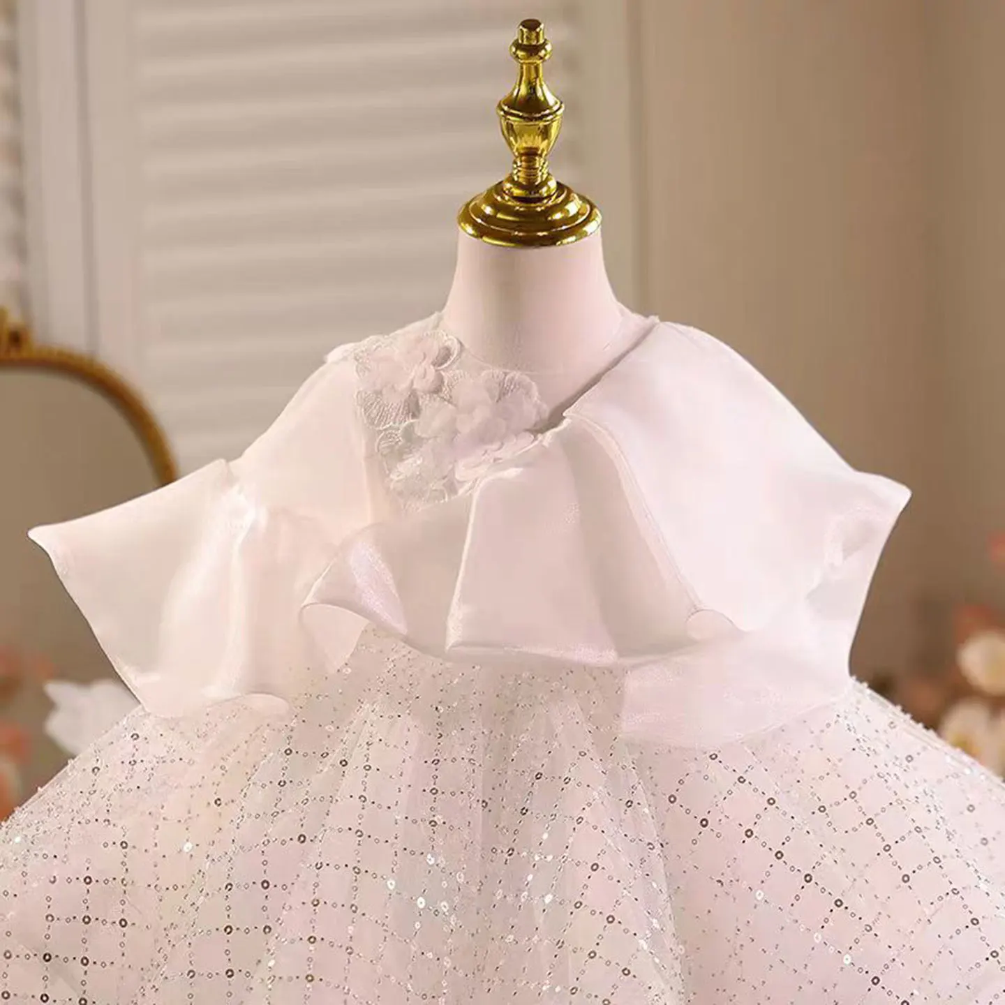 Dreamy Vow D029 愛らしいフリル スパンコール チュール ホワイト ガール プリンセス ドレス キャップ スリーブ 結婚式 イブニング パーティー 初聖体 プロム