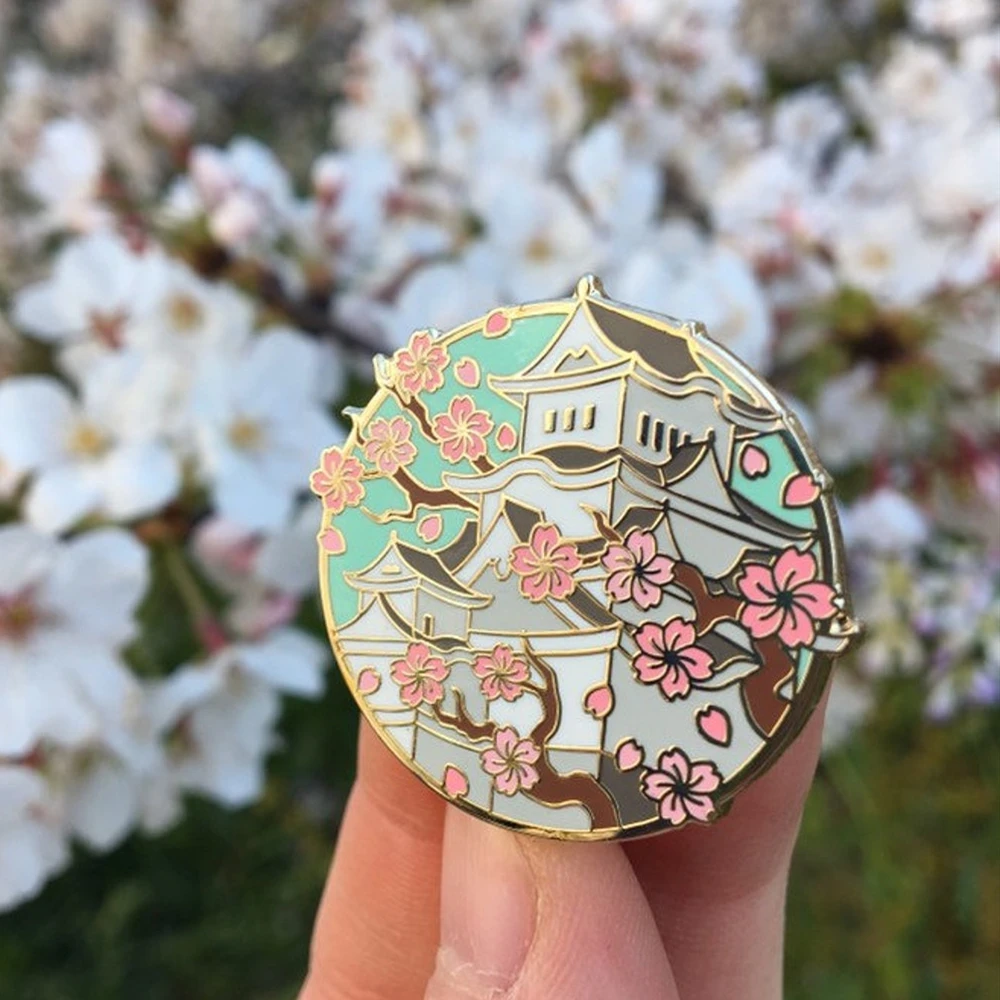 Beautiful Sakura Castle Enamel Pin Kawaii Cartoon Spring Cherry Blossoms Plant Metal Brooch Accessorie Fashion Badge Jewelry