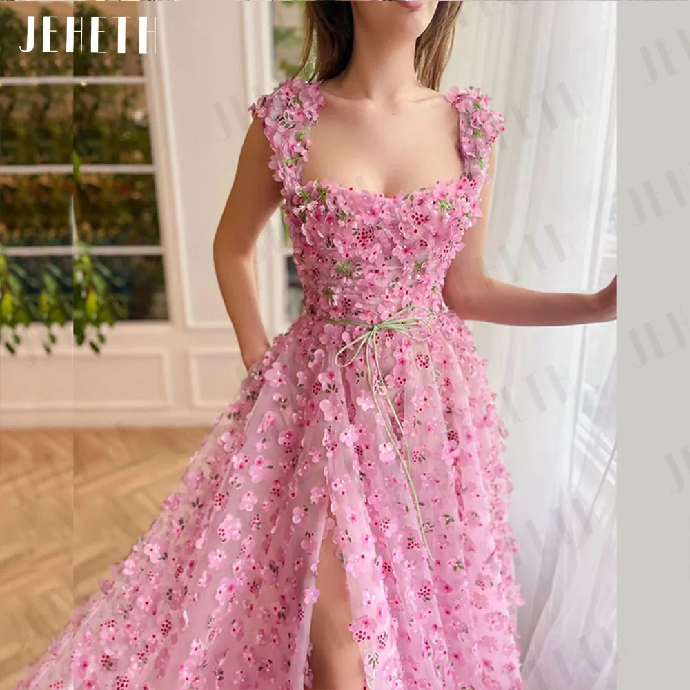 JEHETH Rose Pink Prom Dress petali squisiti Split Backless Evening Gown Sweetheart Women Party Floor Length muslimatextimushtial Abbigliamento da