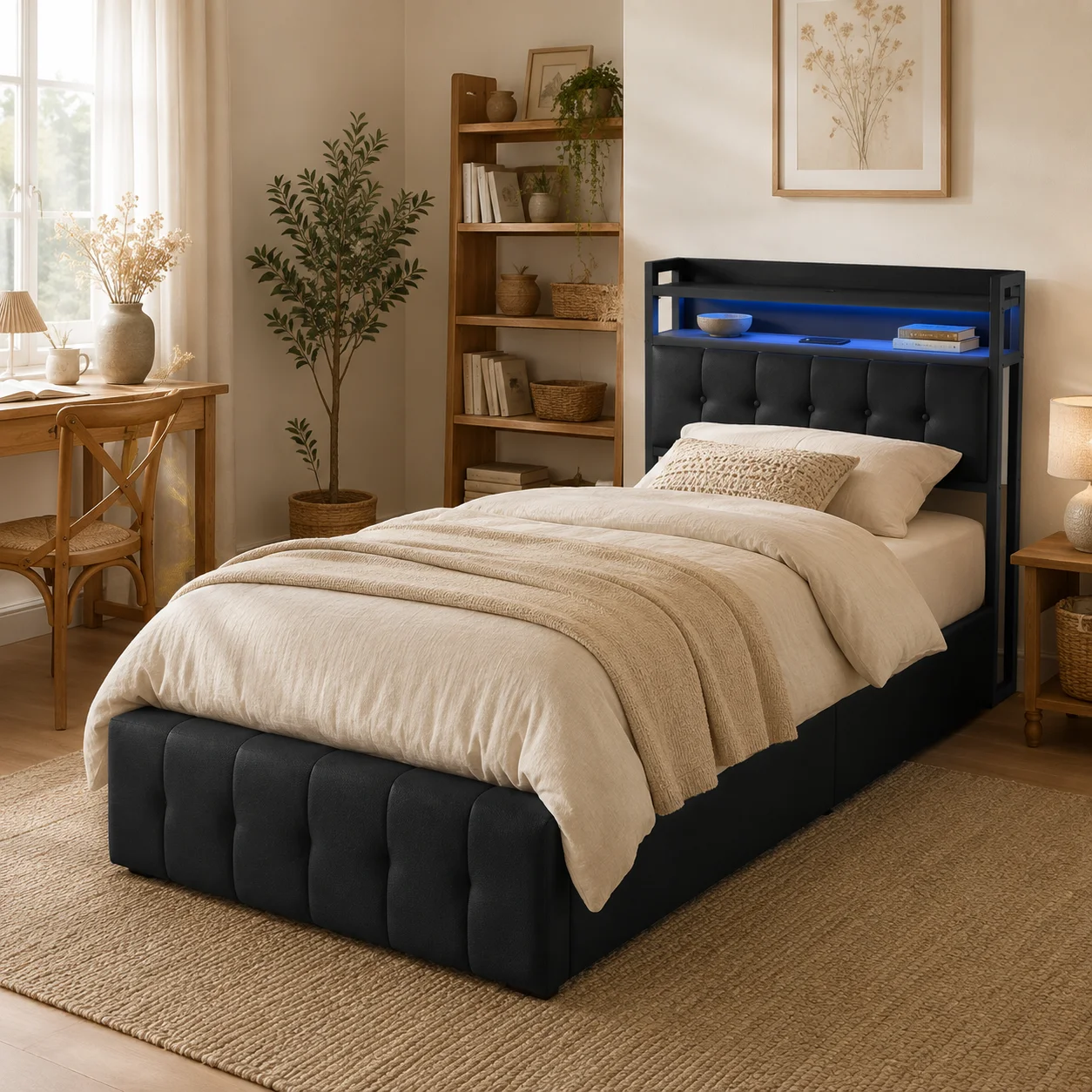 Lit 90x200 avec Sommier, Lit coffre 2 Personnes, Lit rangement en hydraulique, tête de lit coffre en PU et Étagères, Cadre de lit, Noir, sans matelas