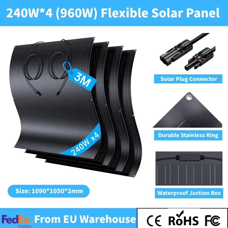 IP67 Mono Cel 240W 19.6VDC Flexibel Zonnepaneel 4PCS 960W Outdoor PV Module voor Balkon RV boot Oplaadsysteem