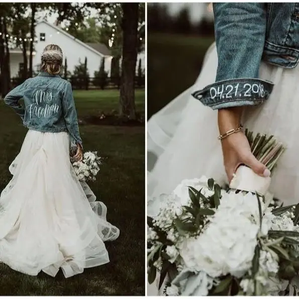 Niestandardowa kurtka ślubna z imieniem Ślubna kurtka jeansowa Denim Niestandardowy top panny młodej Rękaw z datą Odzież wierzchnia Spersonalizowany dopasowany płaszcz dżinsowy