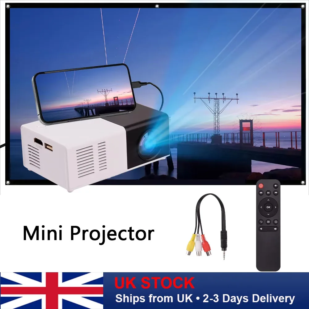 UK Stock 1080P Mini Projector Portable Outdoor Camping Home Theater Office Use Supported LED Video Beamer Compact Home Cinema Focus Projector with Compatible Devices Such as USB/SD/AV/HD Easy to Carry