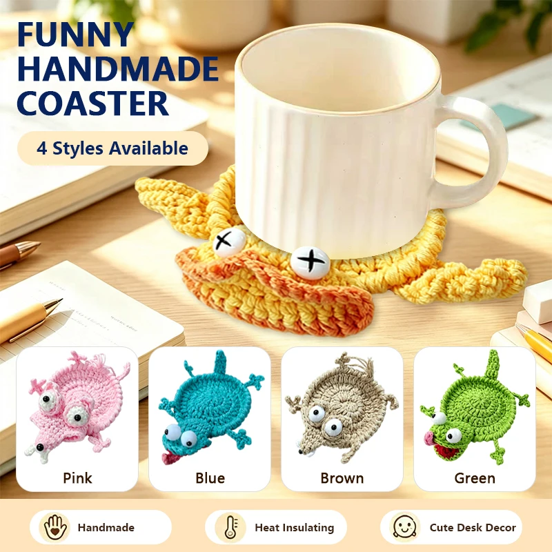 Cute Crochet Animal Coaster Handmade Knitted Soft Drink Cup Mat  for Home Office Table Desk Decor Coffee Tea Cup Novelty Gift